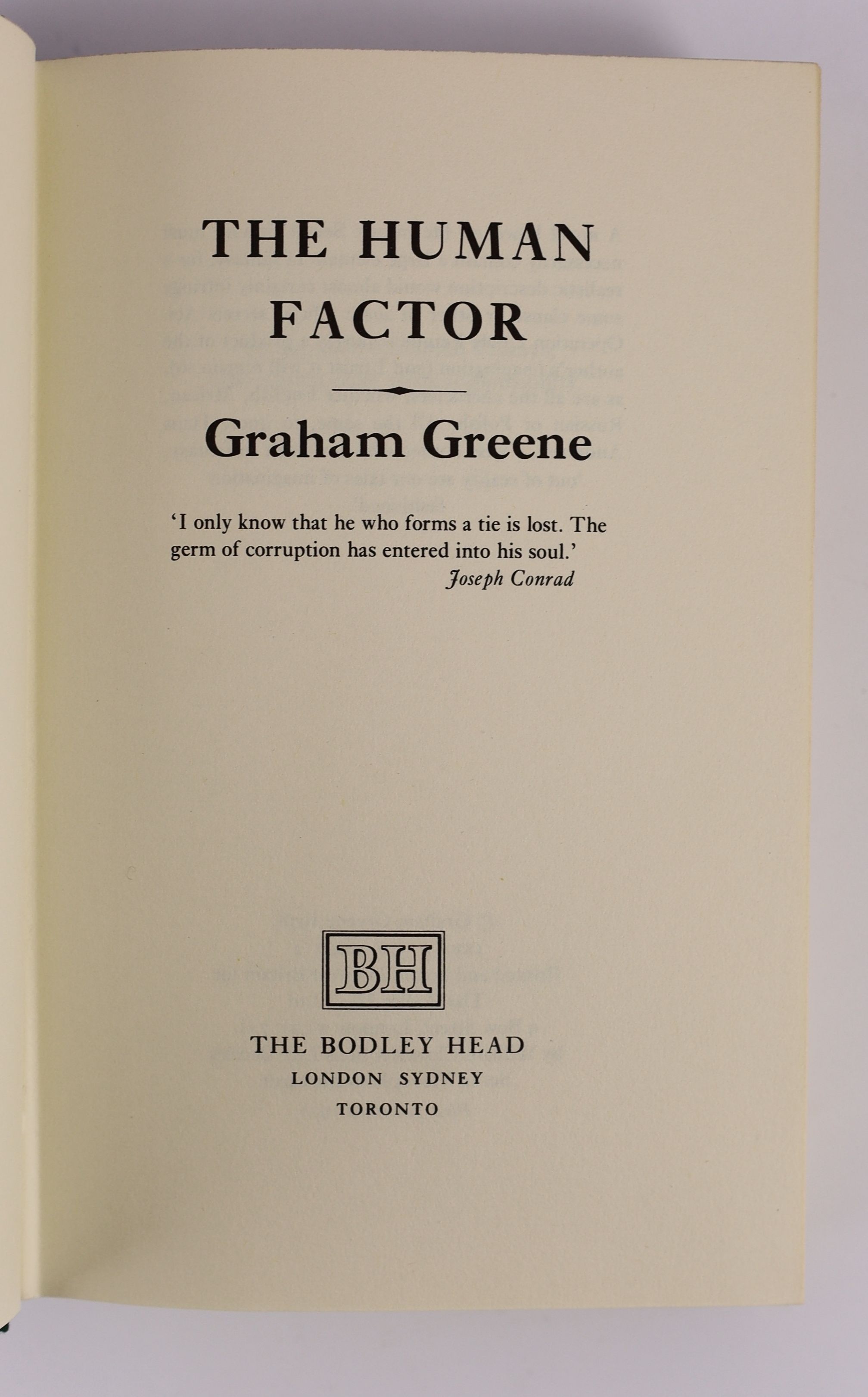 Greene, Graham - The Human Factor, 1st edition, second state, in unclipped d/j, The Bodley Head, London, 1978